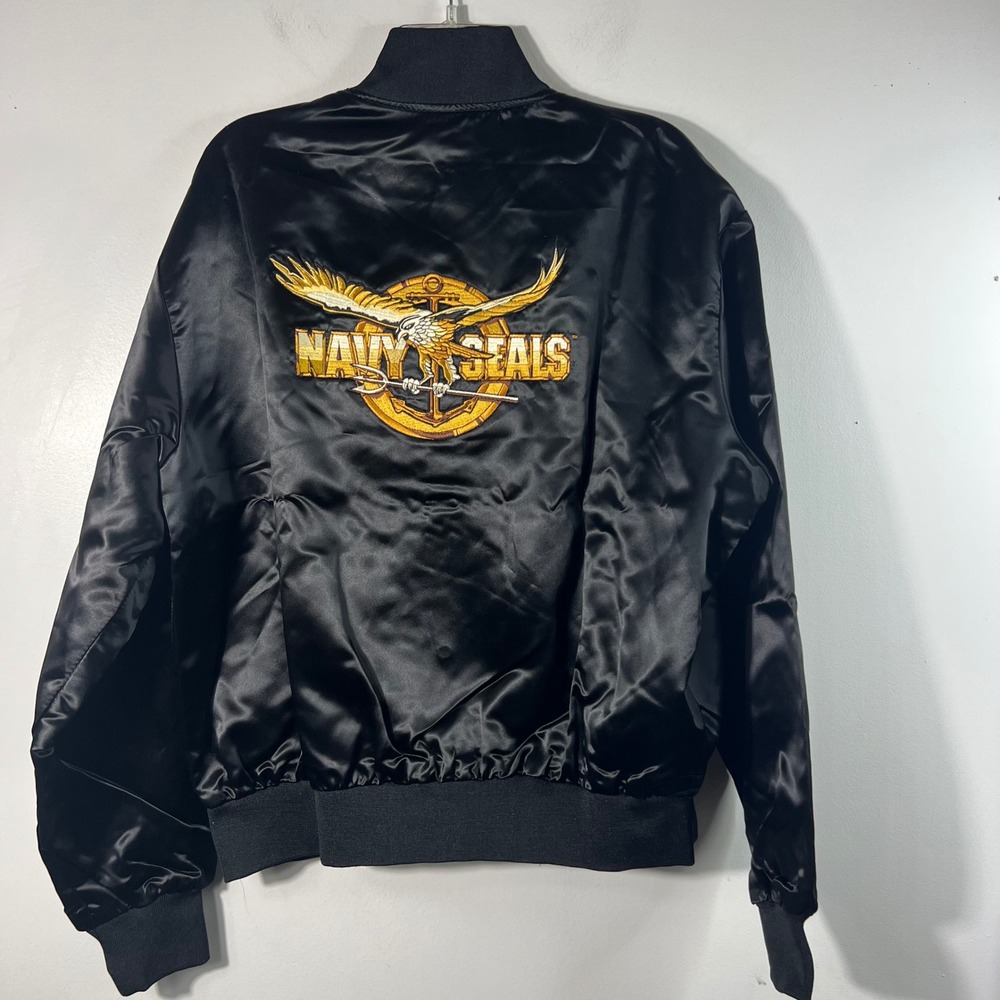 Vintage Vantage Custom Classics Satin Navy Seals Logo Jacket XL‎ Black Flaw